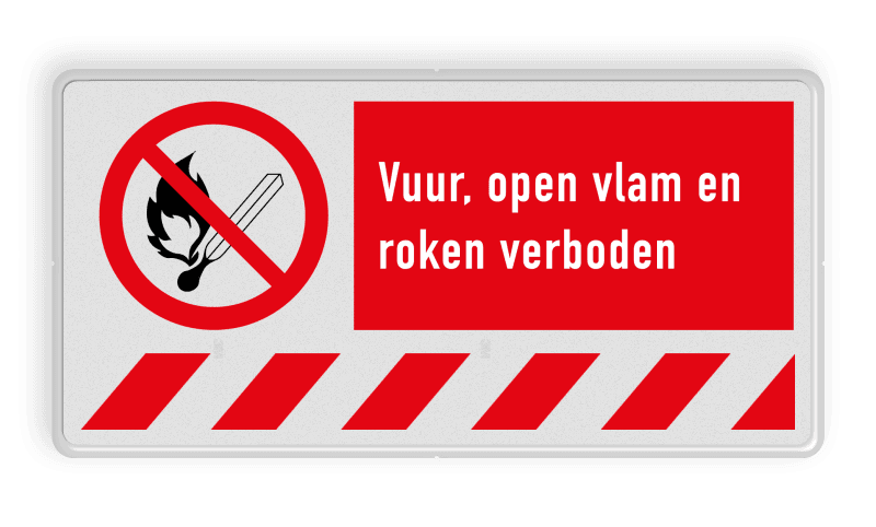 Verbodsbord P003 met tekst Vuur, open vlam en roken verboden