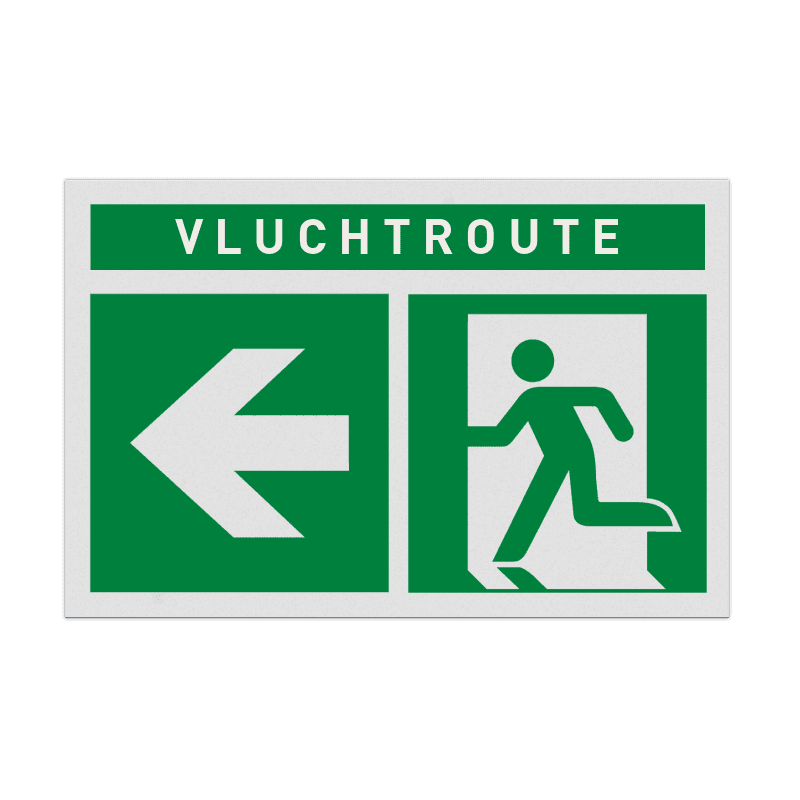 Vluchtroute BHV bord met tekst en pijl links