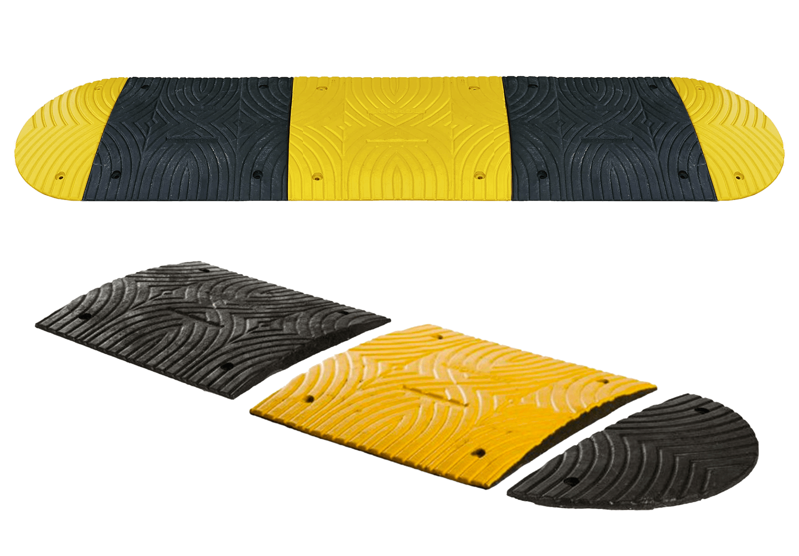 Fahrbahnschwelle aus Gummi komplett - < 30 km/h - 30 mm hoch - Schwarz-Gelb