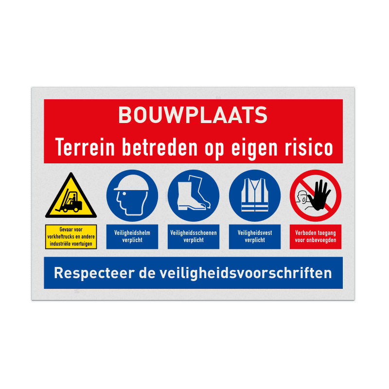 Bouwplaatsbord met diverse PBM veiligheidsinstructies
