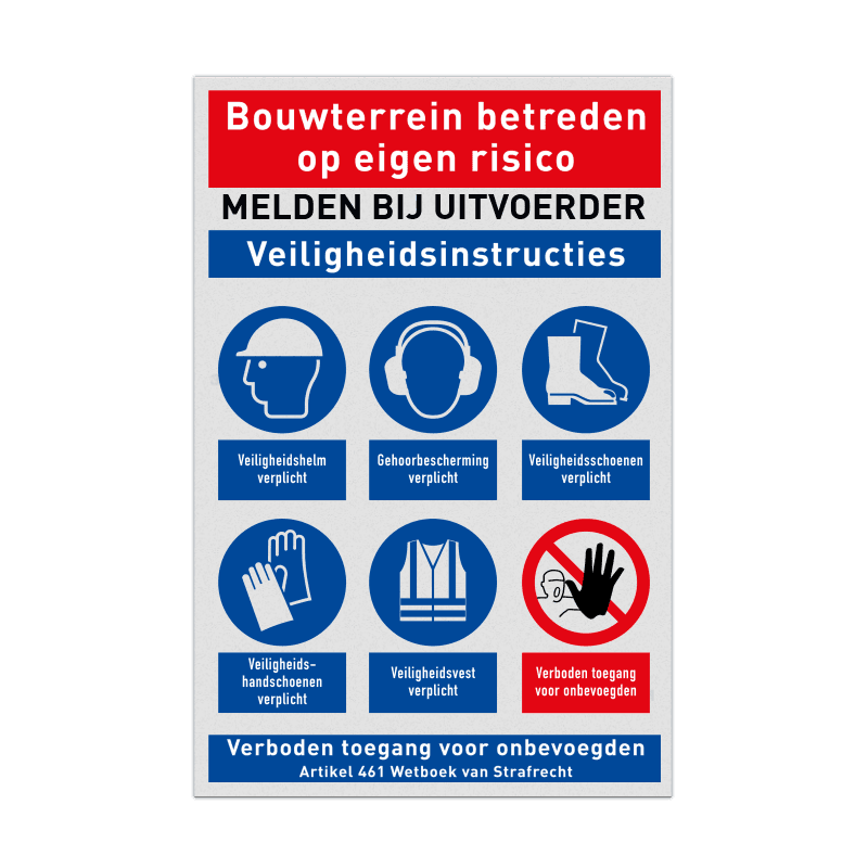 Bouwplaatsbord met PBM veiligheidsinstructies en 6 pictogrammen