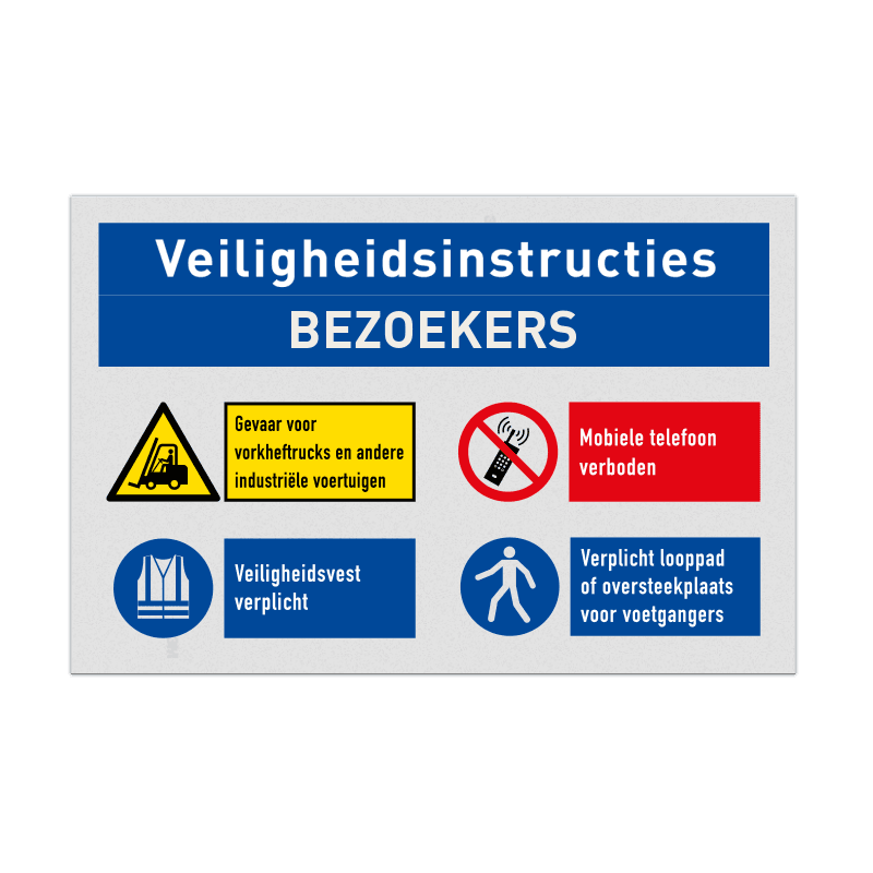 Veiligheidsbord voor bezoekers met 4 veiligheidsinstructies
