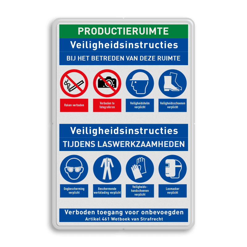 Veiligheidsbord voor productieafdeling met veiligheidsinstructies en 8 PBM pictogrammen