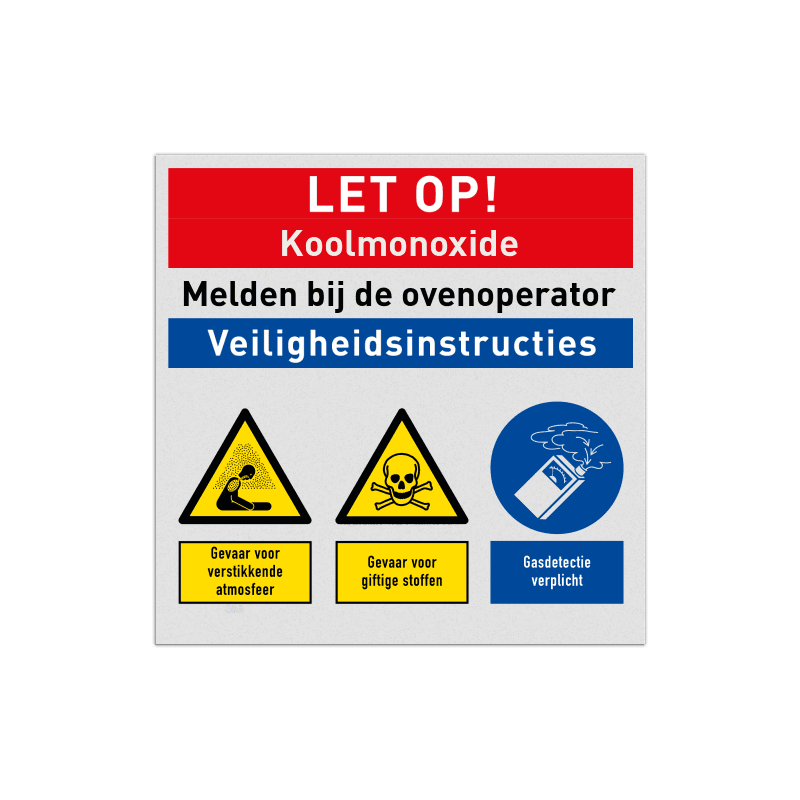 Veiligheidsbord LET OP! Koolmonoxide veiligheidsinstructie met 3 pictogrammen