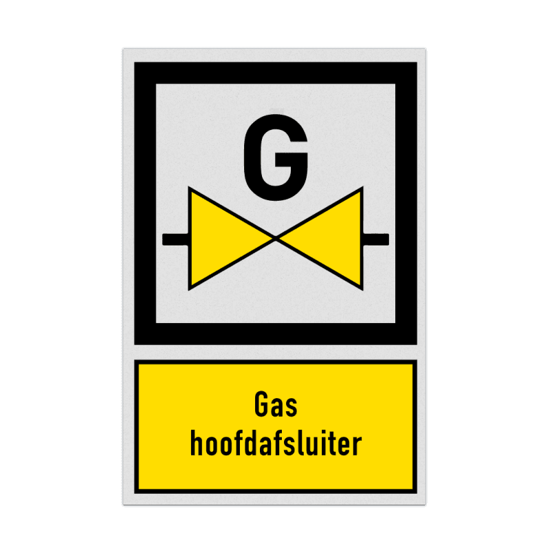 Bord met pictogram en tekst gas hoofdafsluiter
