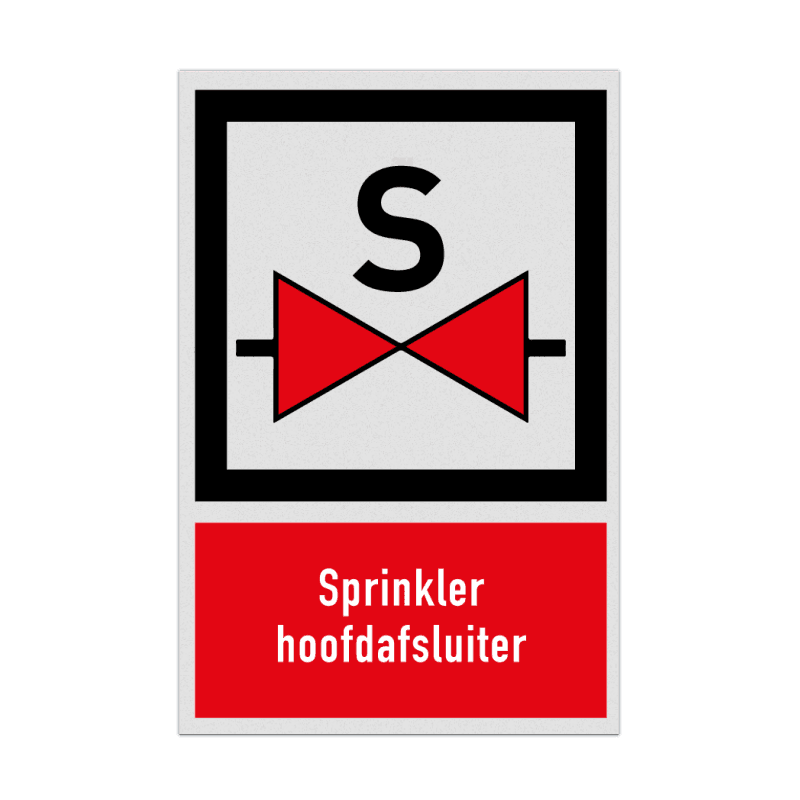 Bord met pictogram en tekst Sprinkler hoofdafsluiter