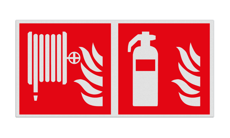 Brand bord met pictogram Brandslang en Blusapparaat