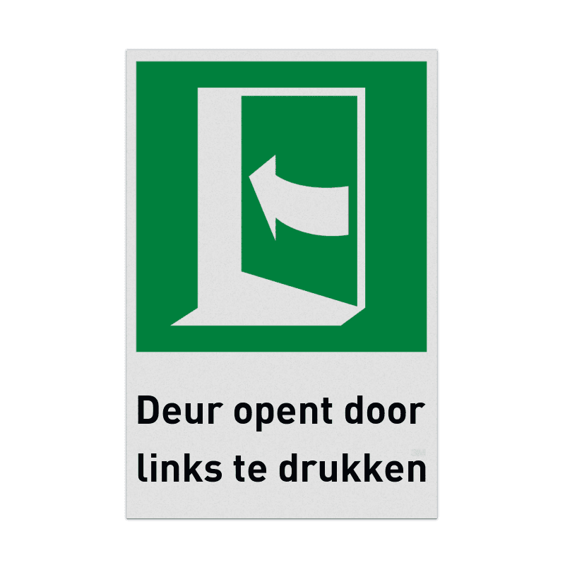 Nooduitgangbord met pictogram en tekst Deur opent door links te drukken