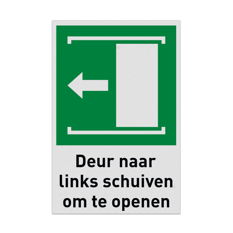 Nooduitgangbord met pictogram en tekst Deur naar links schuiven om te openen