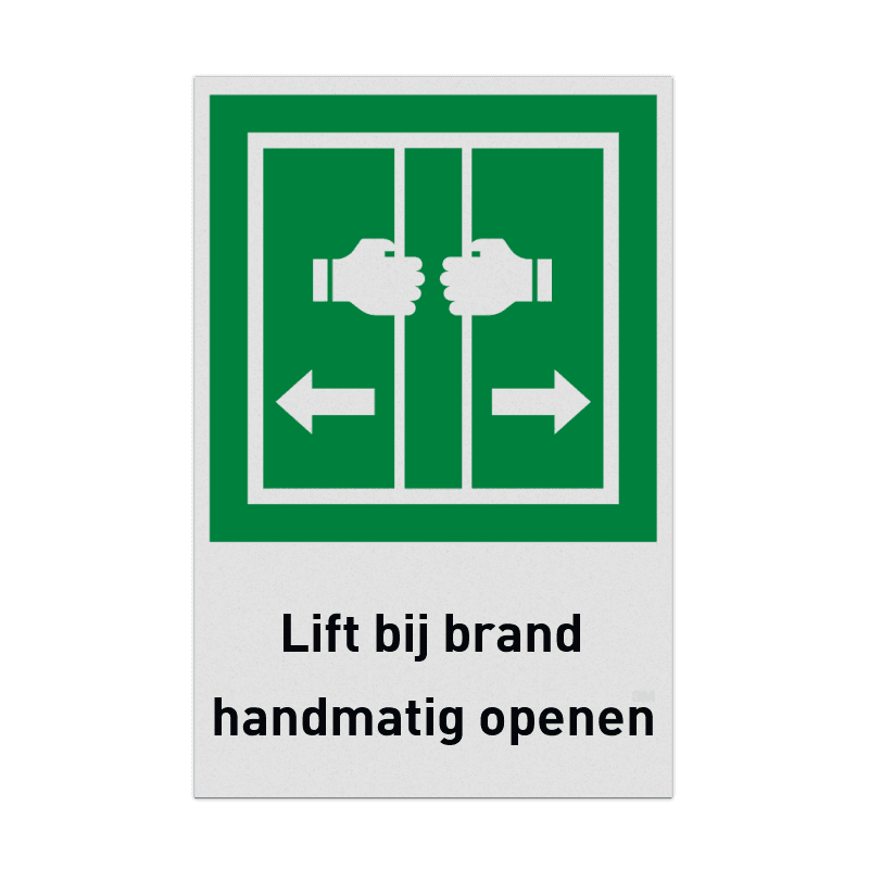 Nooduitgangbord met pictogram en tekst Lift bij brand handmatig openen