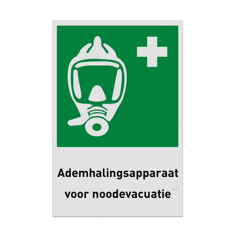 Reddingsbord met pictogram en tekst EHBO Ademhalingsapparaat voor noodevacuatie