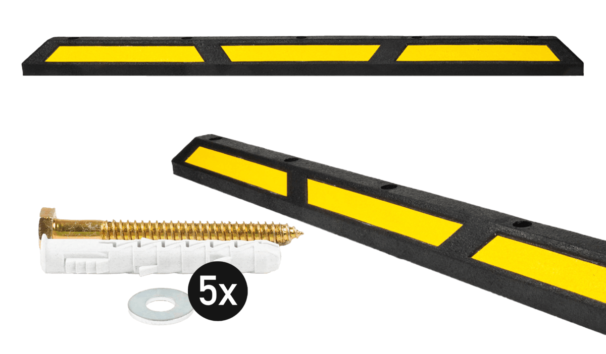 Butée de parking en plastique recyclé noir/jaune réfléchissante – 1760 mm