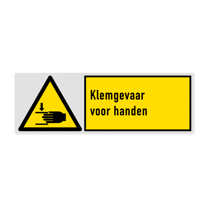 Veiligheidsbord met pictogram en tekst Klemgevaar voor handen