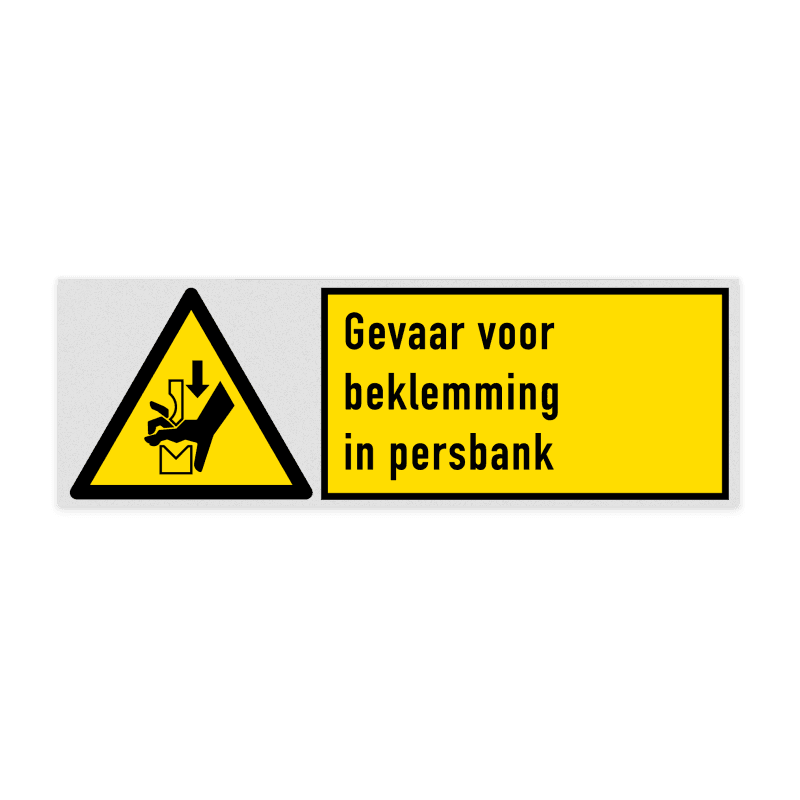 Veiligheidsbord met pictogram en tekst Gevaar voor beklemming in persbank