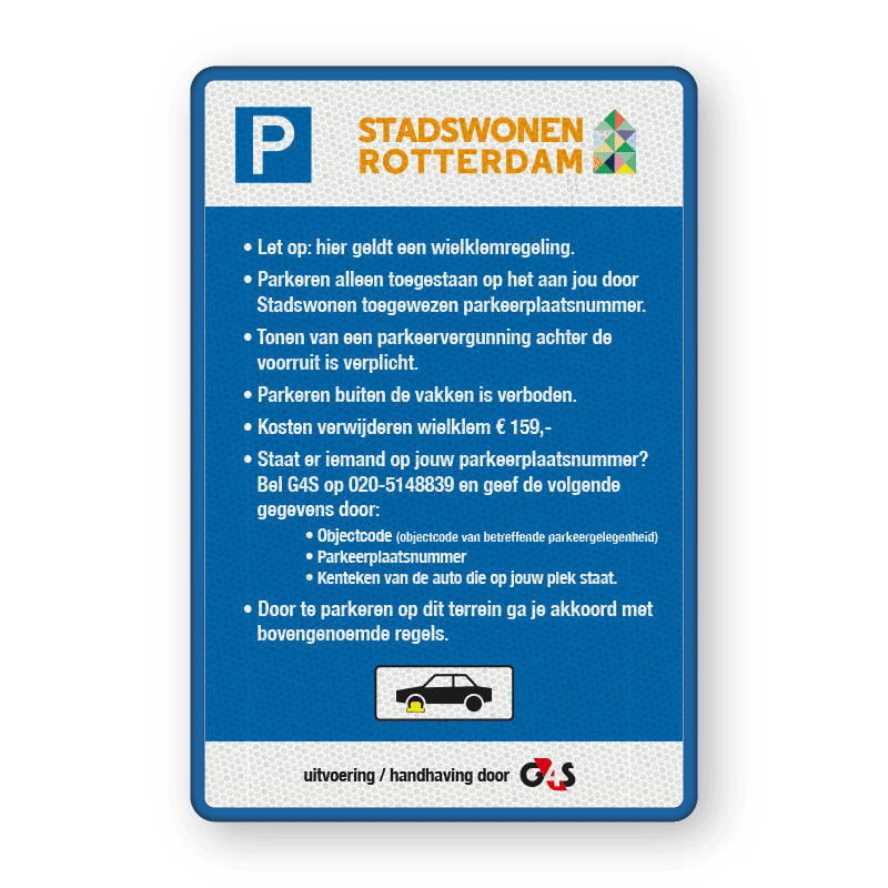 Informatiebord parkeerreglement G4S - Stadswonen Rotterdam - Reflecterend