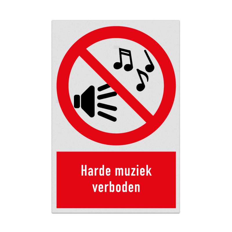 Verbodsbord met pictogram en tekst Harde muziek verboden