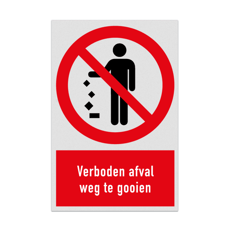 Verbodsbord met pictogram en tekst Verboden afval weg te gooien