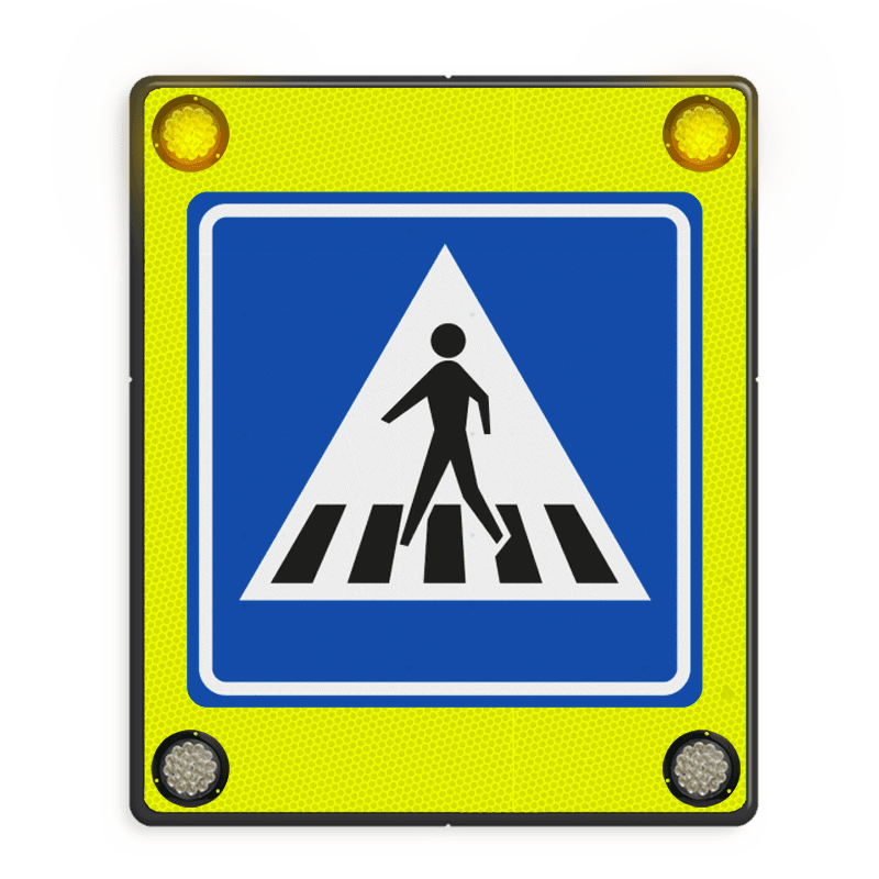 Waarschuwingsbord met 4x 12v LED hoeklampen - oversteekplaats zebrapad RVV L02
