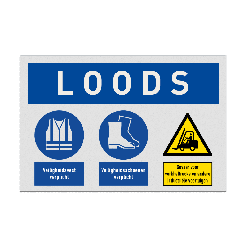 Veiligheidsbord voor loods met veiligheidsvest en schoenen verplicht, waarschuwing vorkheftrucks
