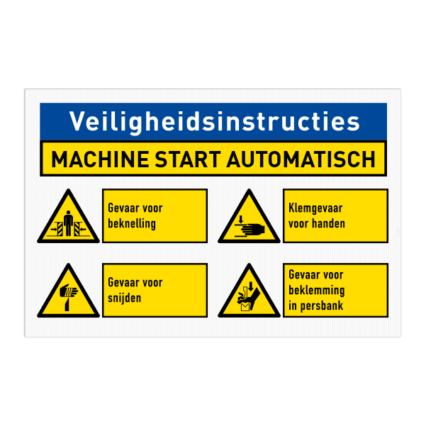 Veiligheidsbord met veiligheidsinstructie voor machinegebruik en 4 pictogrammen