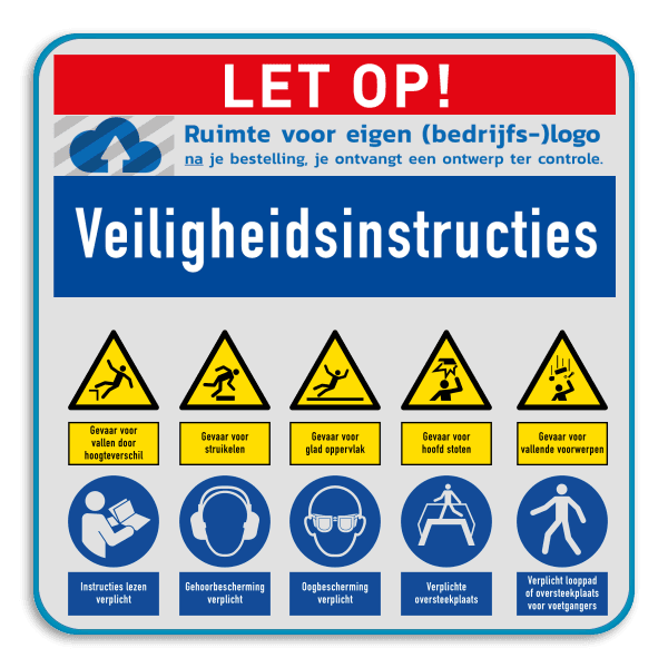 Veiligheidsbord met veiligheidsinstructies en 10 pictogrammen