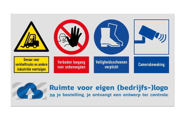 Veiligheidsbord voor magazijn 4 pictogrammen + logo