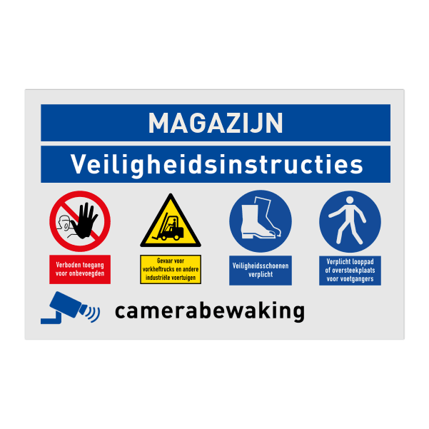 Veiligheidsbord voor magazijn met pictogrammen en camerabewaking
