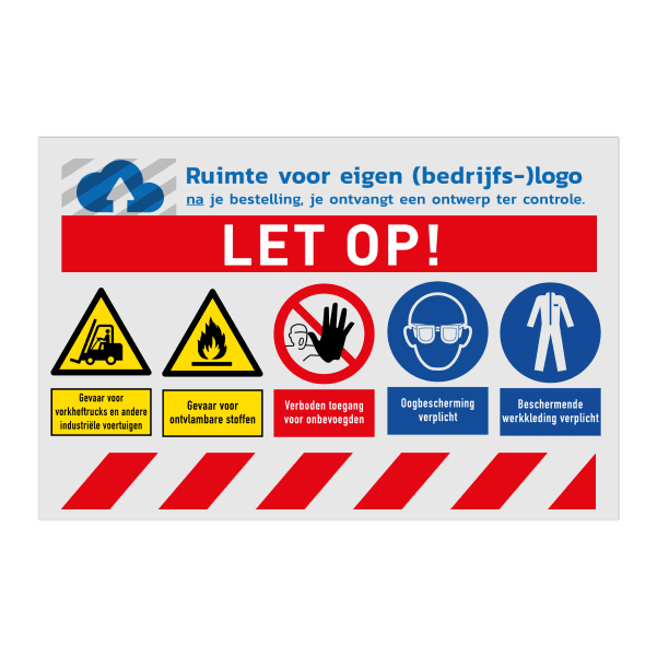Veiligheidsbord voor magazijn met 5 pictogrammen + banners en logo