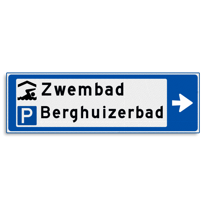 Verwijsbord KOKER Blauw/wit/zwart - pijl rechts, 2 regelig met 2 pictogrammen - Klasse 3 reflecterend