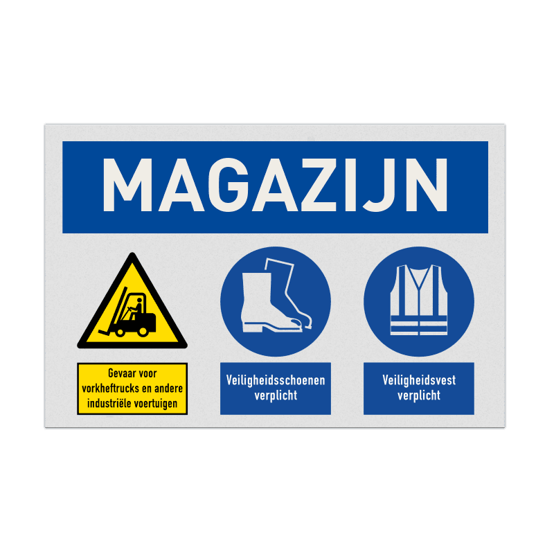 Veiligheidsbord voor magazijn met pictogram veiligheidsvest en schoenen verplicht