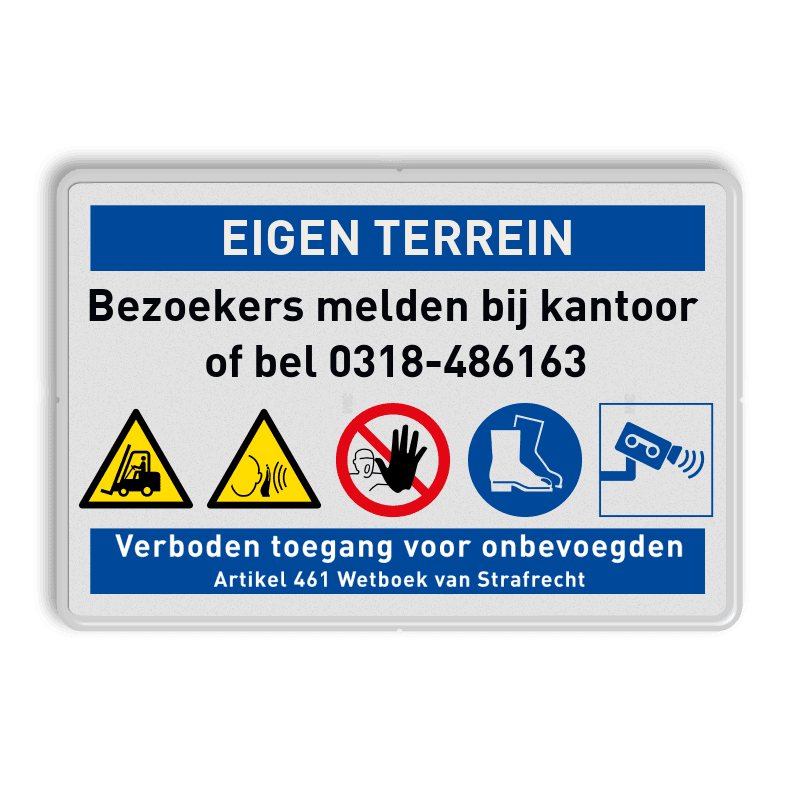 Veiligheidsbord voor eigen terrein met eigen tekst en 5 pictogrammen
