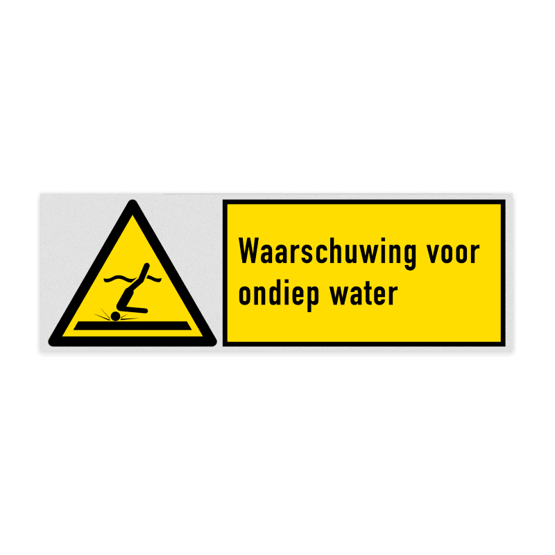 Veiligheidsbord met pictogram en tekst Waarschuwing voor ondiep water