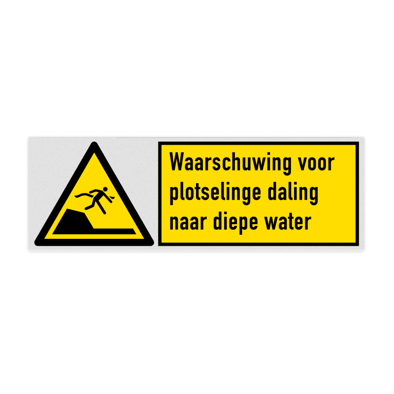 Veiligheidsbord met pictogram en tekst Waarschuwing voor plotselinge daling naar diepe water