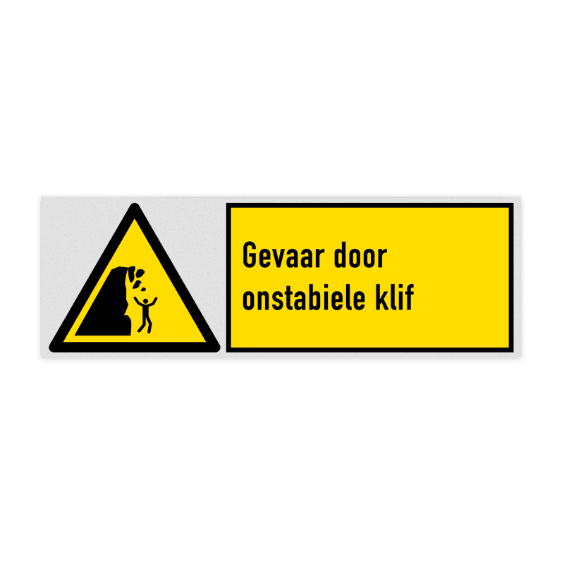 Veiligheidsbord met pictogram en tekst Gevaar door onstabiele klif
