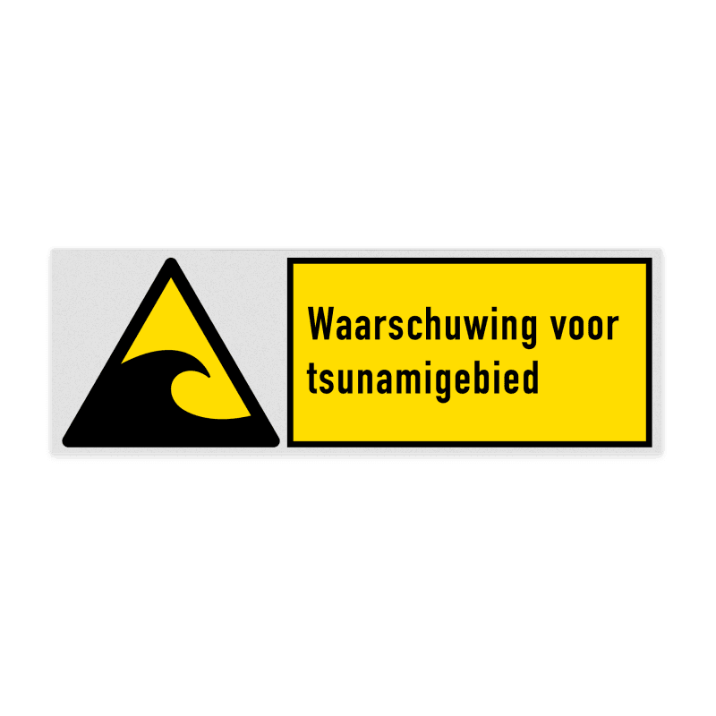 Veiligheidsbord met pictogram en tekst Waarschuwing voor tsunamigebied