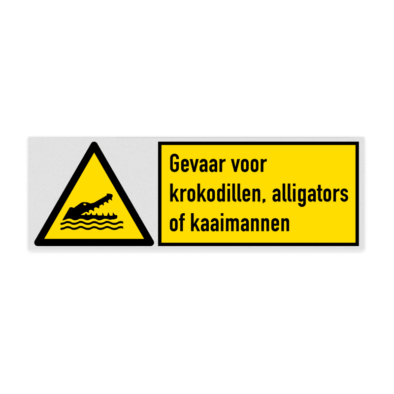 Veiligheidsbord met pictogram en tekst Gevaar voor krokodillen, alligators of kaaimannen