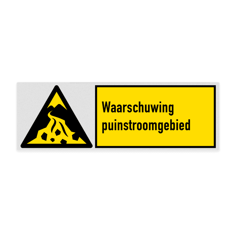 Veiligheidsbord met pictogram en tekst Waarschuwing puinstroomgebied