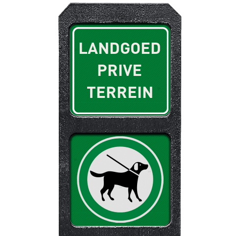 Verzwaarde bermpaal met twee bordjes honden aan de lijn + tekstbord