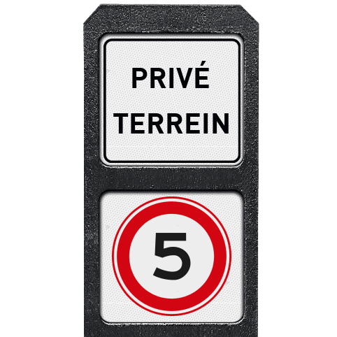 Bermpaal kunststof met twee bordjes priveterrein + stapvoets rijden - reflecterend