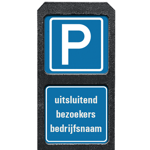 Bermpaal kunststof met twee bordjes parkeren uitsluitend bezoekers + bedrijfsnaam - reflecterend