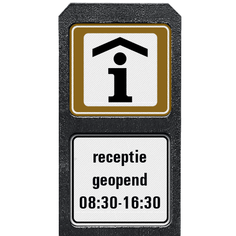 Verzwaarde bermpaal met twee bordjes aanduiding Receptie / Informatiekantoor + tekst vrij invoerbaar