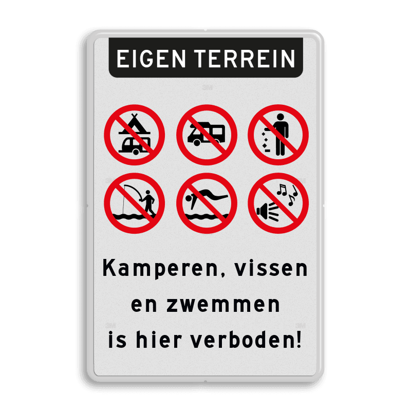 Informatiebord eigen terrein - Kamperen en zwemmen verboden - reflecterend