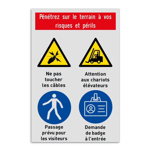 Panneau de sécurité de terrain | Logo + 4 pictogrammes et texte