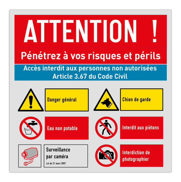 Panneau d'avertissement - Interdit aux personnes non autorisées avec 6 pictogrammes