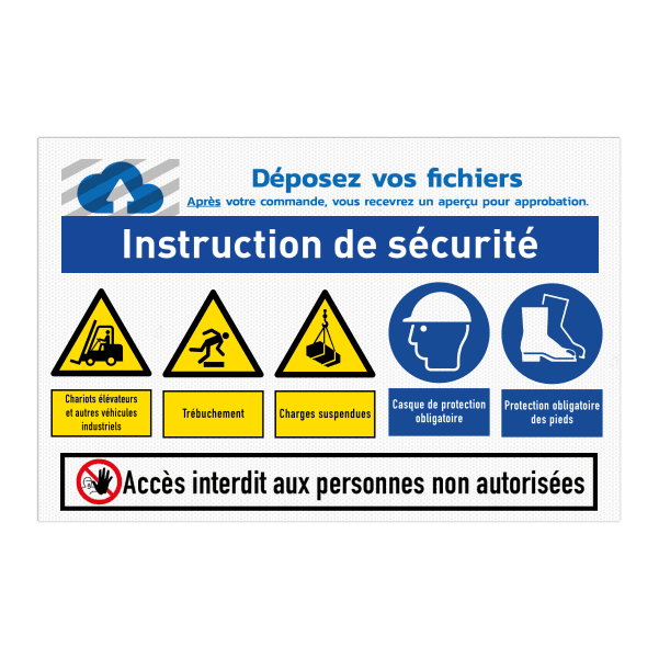 Panneau de sécurité avec logo et diverses instructions de sécurité