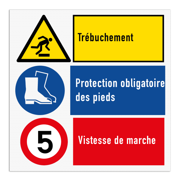 Panneau de sécurité avec 3 pictogrammes et instructions