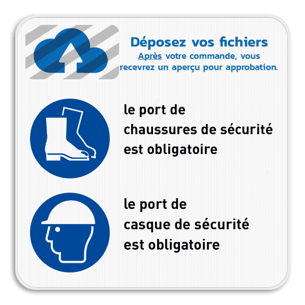 Panneau de sécurité avec logo + 2 pictogrammes avec texte personnalisable