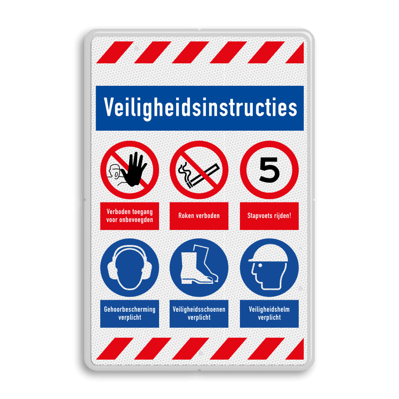 Veiligheidsbord met veiligheidsinstructies PBM en 6 pictogrammen