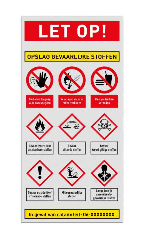 Vlak bord OPSLAG GEVAARLIJKE STOFFEN met verbod- en GHS-pictogrammen