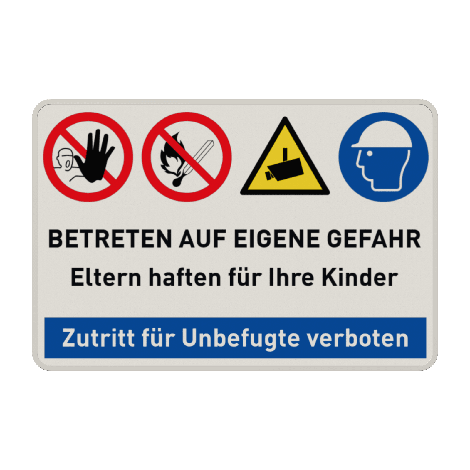 Kombinationsschilder mit vier Verbots-, Warn- und Gebotszeichen und text